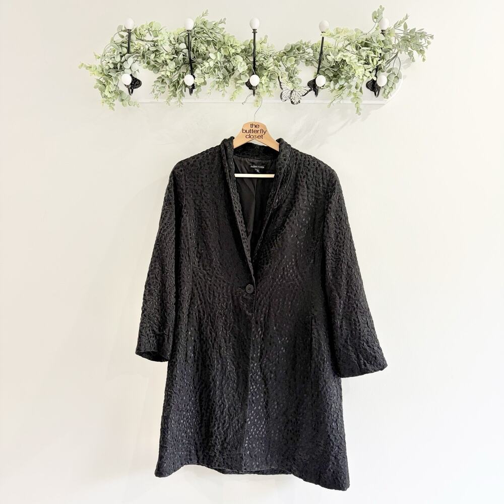 Eileen Fisher black satin textured silk long jacket Size S 22 5757